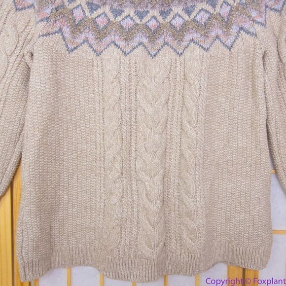 NEW Chico's Cable Yarn Wool Blend Fair Isle Tan Sweater, L - Picture 5 of 16